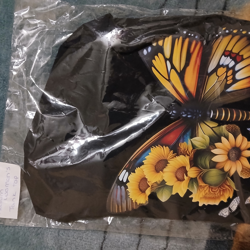 Black Tank Top with Butterfly and Sunflower Design